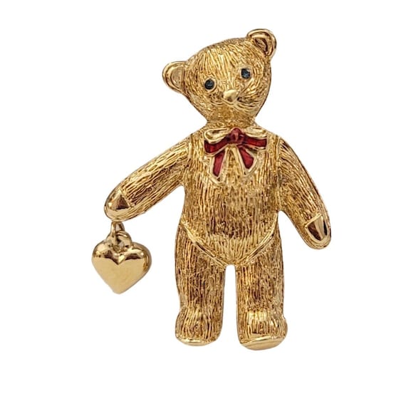 Carolee Gold-Tone Blue Rhinestone Teddy Bear W/ Heart Dangle Charm Brooch Pin, Signed K410