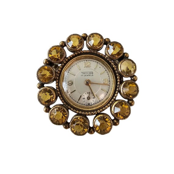 Taylor 17 Jewels Swiss Watch Brooch Topaz Unfoiled Rhinestone Pin J525