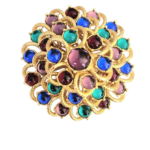 Monet Gold Tone Moghul Jewels Of India Glass Cabochon Round Cluster Brooch, Signed