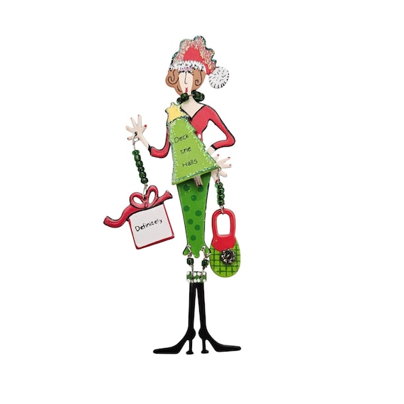 Whimsical Articulated Christmas Lady Shopper Brooch Deck The Halls Xmas Tree Pin