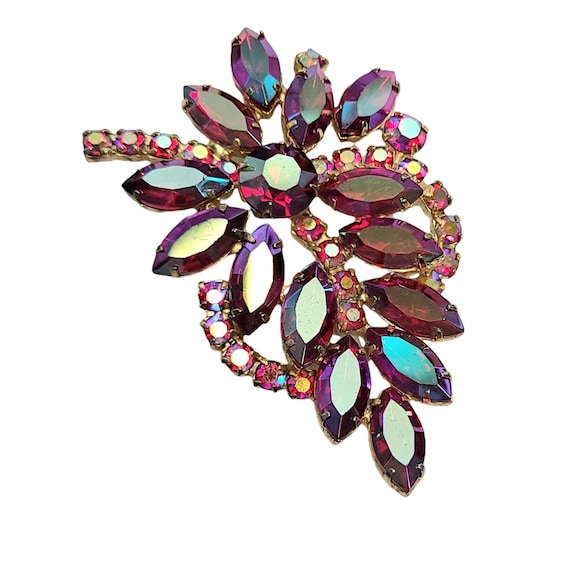 Weiss Gold Tone Blue Pink AB Rhinestones Leaf Brooch, Signed