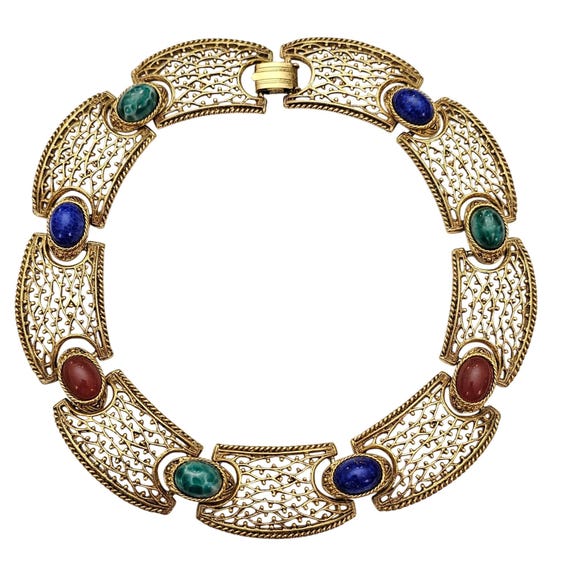 Egyptian Revival Oval Art Glass Cab Filigree Choker Designer Style Necklace J600