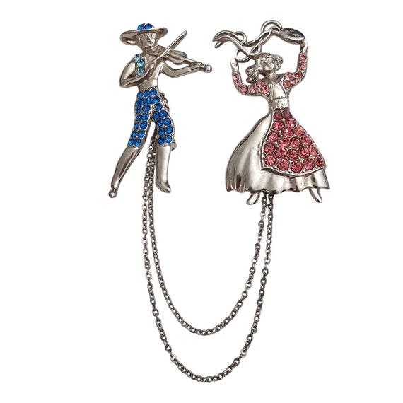 Rare Dancing Couple Flamenco Brooches Man, Chatelaine Chain Set 1940-50’s C998