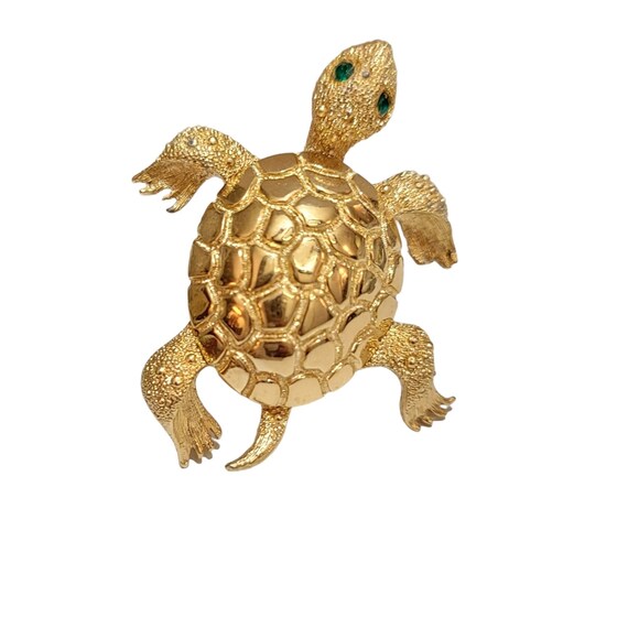 Monet Gold Tone Green Rhinestone Turtle Brooch, Signed M271