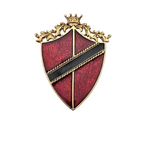 Red Black Enamel Shield And Crown Brooch Pin L565