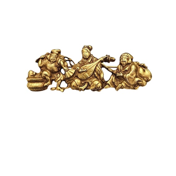 Alva Museum Replicas Asian Trio Musicians Brooch Gold-Plated Pin Signed, J899