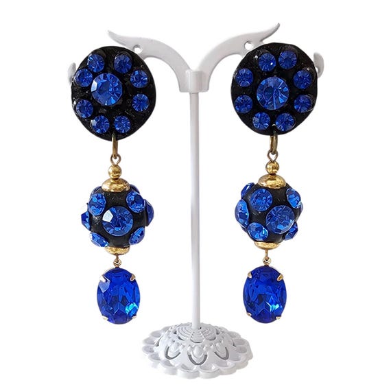 Vintage Blue Clip-On Rhinestone Ball Statement Dangle Earrings