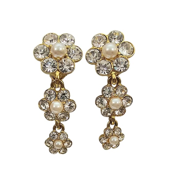 Monet Gold Tone Clip On Clear Rhinestone Faux Pearl Flower Charm Dangle Earrings