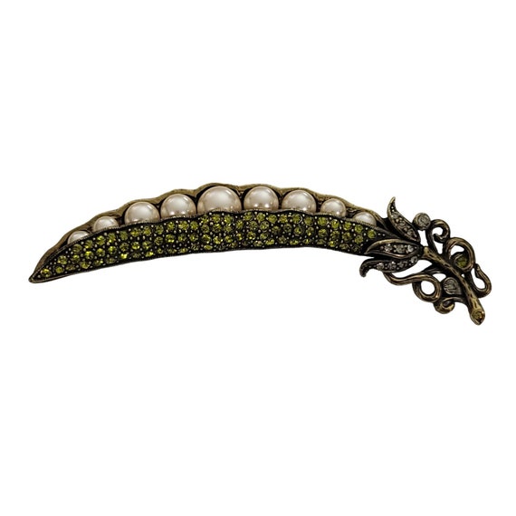 Heidi Daus Green Rhinestone Faux Pearl Peas In Pod Brooch, Signed K655