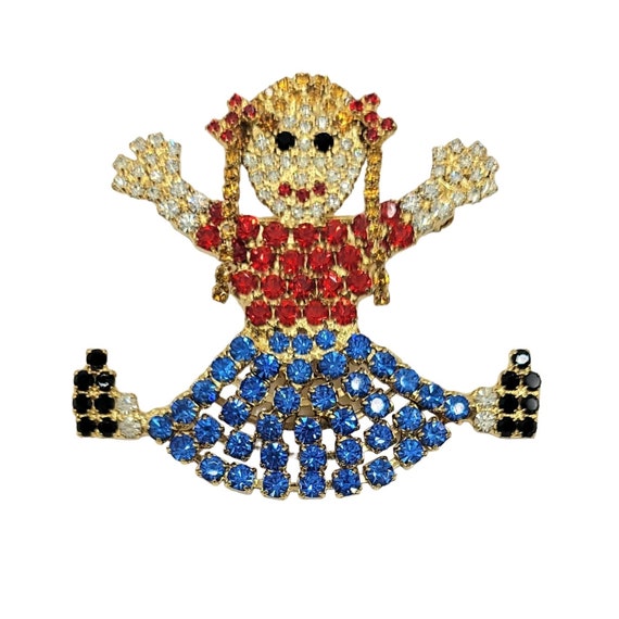 Bauer Gold Tone Multi Color Rhinestone Articulated Hair Girl Brooch Pin, Signed