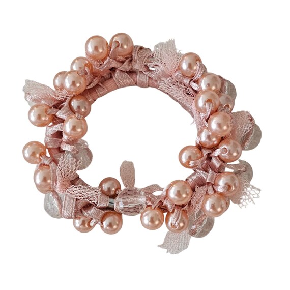 Pink Bead, Ribbon Bun Wrap, Pony Holder Wristlet L518