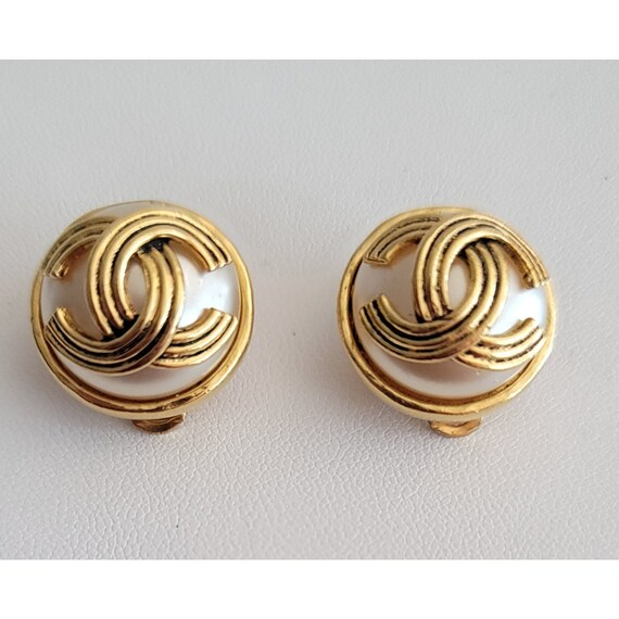 Chanel COCO Mark 94A Faux Pearl Signature Clip-On Earrings, Signed M642