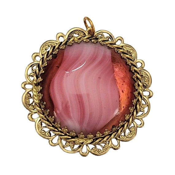 West Germany Gold Tone Filigree Pink Givre Pendant, Signed K226