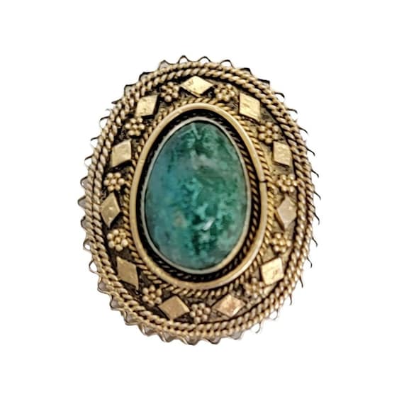 Sterling Silver Gold Vermeil Israel Oval Filigree Green Stone Brooch, Pendant