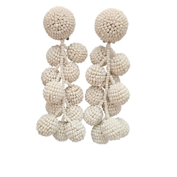 Sachin And Babi White Glass Bead Coconut Dangle Clip On Earrings Signed, J677