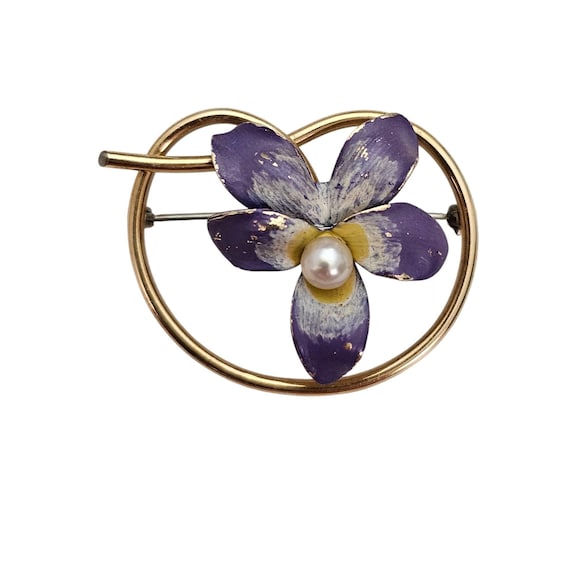 Krementz Purple Yellow Violet Brooch Pearl Flower Pin, Signed