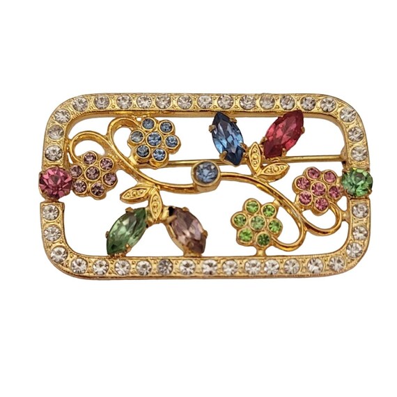 Czech Gold Tone Rectangle Open Flower Leaf Vine Brooch Pin E783