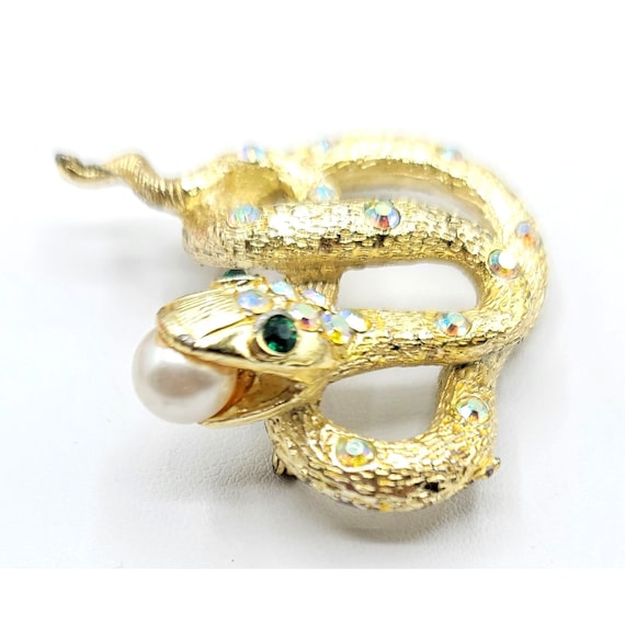 Goldtone Blue Yellow AB Rhinestone Snake With Faux Pearl Brooch