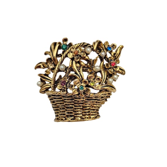 Flower Basket Brooch, Faux Pearl Rhinestone Pin