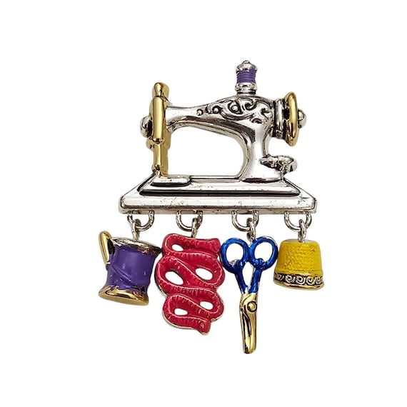 Sewing Machine Brooch: Needle, Scissors, Thread Charms