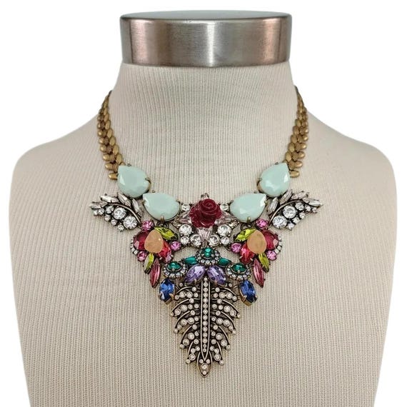 J Crew Ornate Collar Necklace Rhinestone Laurel Leaf Chain Resin Rose C670