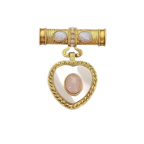1928 Brand Gold Tone Blue Lace Agate Rose Quartz Brooch Heart Shell Inlay Dangle Bar Pin