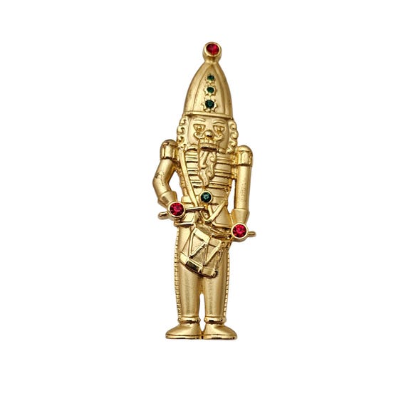 JJ Jonette Jewelry Nutcracker Soldier Brooch, Red Green Rhinestone Pin, Signed L586