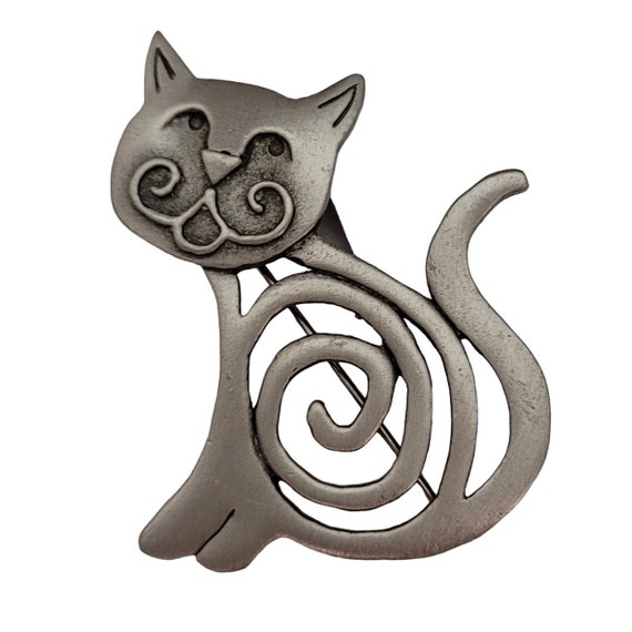 JJ Jonette Pewter Cat Modernist Open Brooch Pin, Signed E739