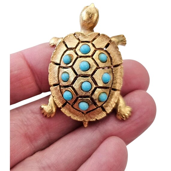 Turtle Brooch, Gold Tone Teal Blue Glass Pin, Numbered On Back