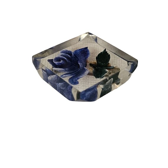 Clear Lucite Reverse Carved Square Blue Rose Broo… - image 3