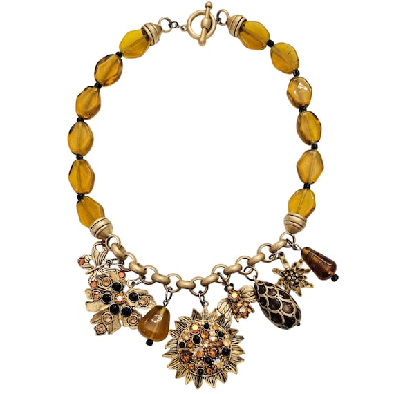 Matte Gold Multi Charm Necklace: Bee, Maple Leaf, Sunflower, Yellow Glass