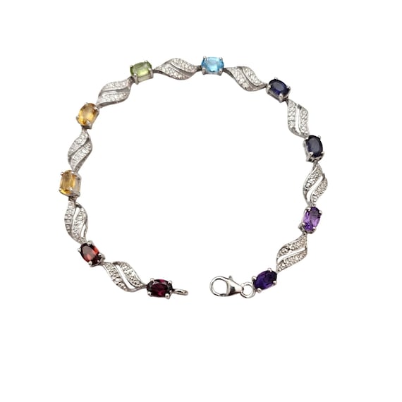 Sterling Silver Lab Stone Bracelet Garnet, Amethyst Wavy Links C885