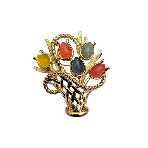 Trifari TM  Tulip Flower Basket Brooch Pink Yellow Blue Lucite Pin, Signed