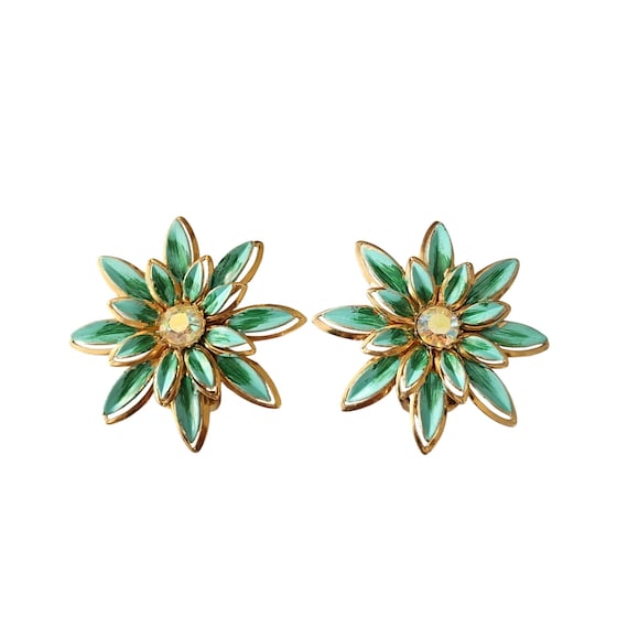 Metal Teal Flower Clip On AB Rhinestone Earrings C917