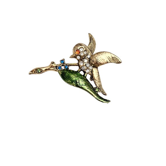 Clear Rhinestone Bird Brooch 1940-50s Green Leaf Pin J483