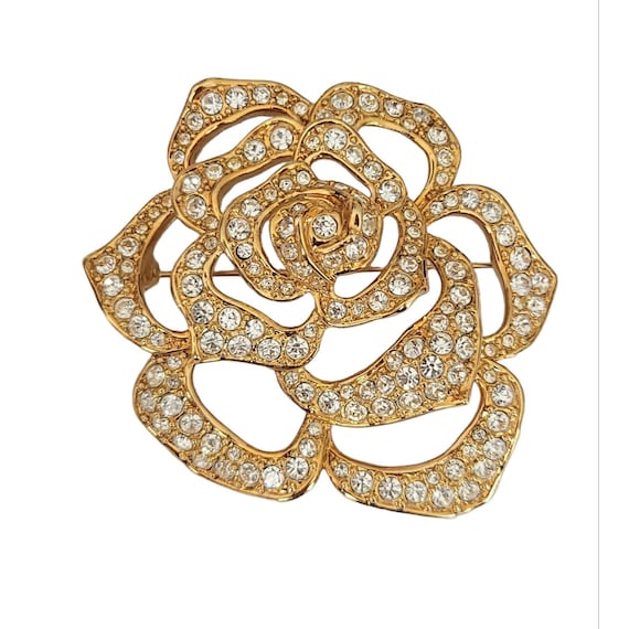 Elizabeth Taylor For Avon Gold Tone Clear Rhinestone Open Flower Pave Brooch Signed K597
