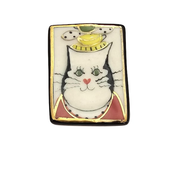Glazed Ceramic Whimsical Cat Brooch Square Kitty Pin C786
