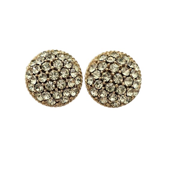 Trifari Crown Over T Gold Tone Jonquil Pave Rhinestone Round Clip On Earrings, Signed