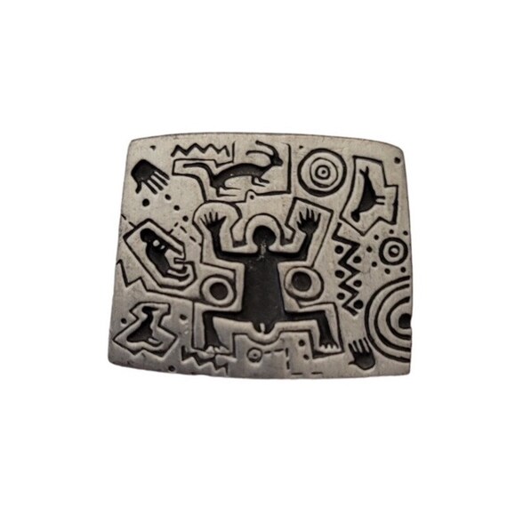 Urban Fetishes 1998 Silver Tone Tribal Figural Square Brooch, Signed E569