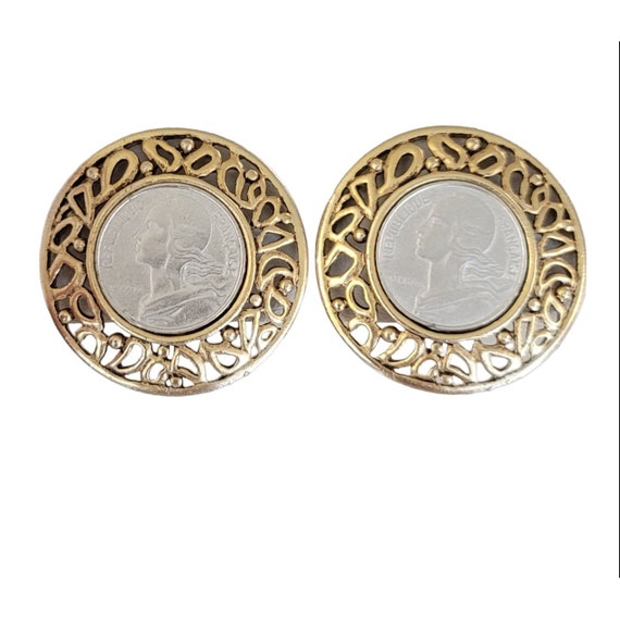 Gold Tone, Silver Tone République Francaise Coin Clip On Earrings, K505