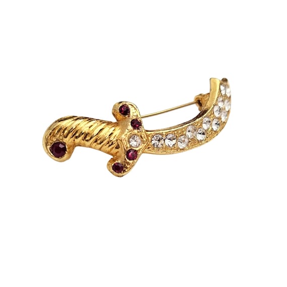 Red Clear Rhinestone Sword Brooch Vintage Pin J475
