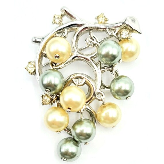 Trifari Silvertone Faux Pearl Grape Cluster Dangle Brooch, Signed