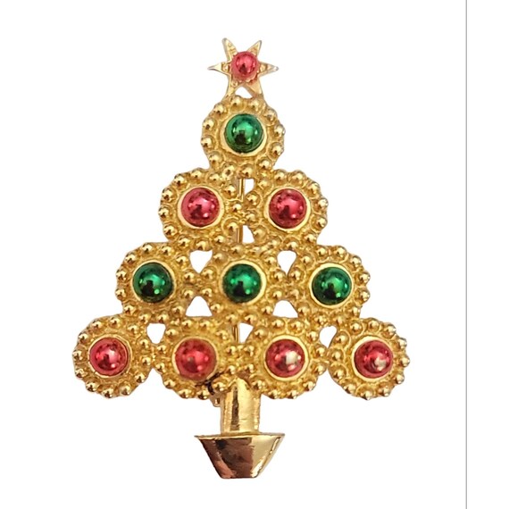 LIA Gold Tone Red Green Enamel Christmas Tree Brooch Pin, Signed K697