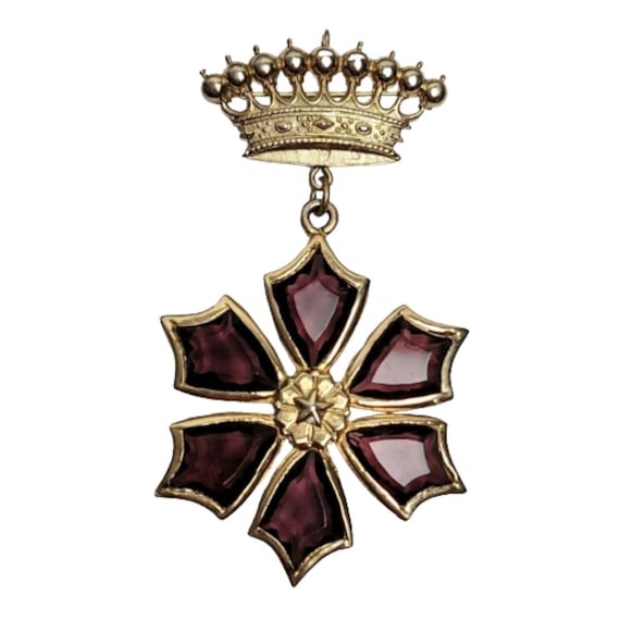 Accessocraft 1960s Gold Tone Crown Bar Red Bezel Glass Flower Dangle Brooch/Pendant, Signed