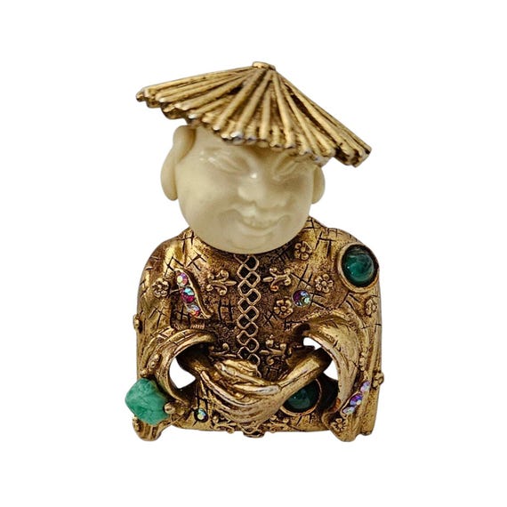 HAR Smiling Buddha Brooch, Resin AB, Green Stone Pin, Signed