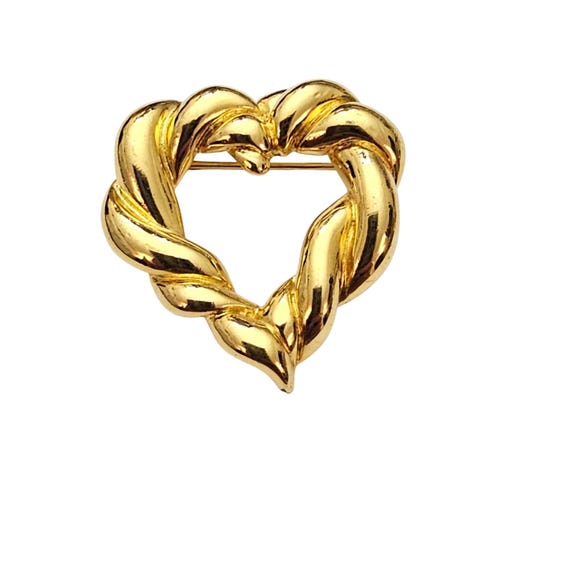 Trifari TM Twisted Ribbon Open Heart Brooch, Glossy Gold Tone Pin Signed C854