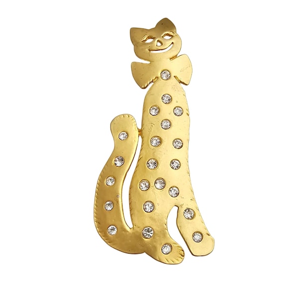 Gold Tone Cat Brooch Large Modernist Clear Rhinestone Pin  J298