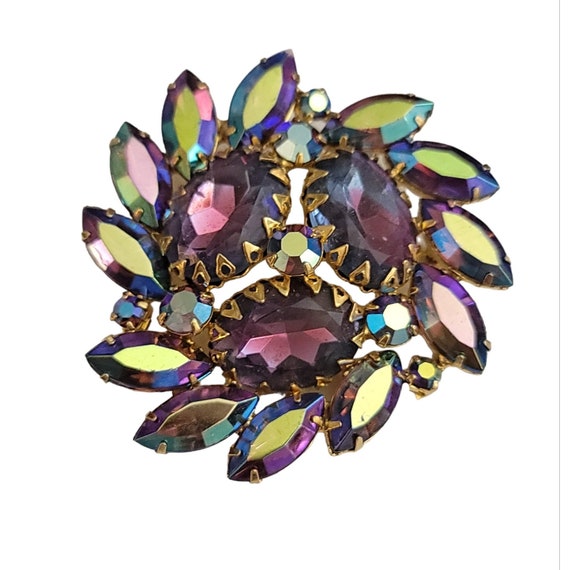 Peacock AB Blue Green Prong Rhinestone Cluster Brooch, M261