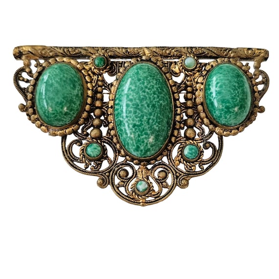 Peking Bezel Set Glass Cab Filigree Victorian Style Brooch L360