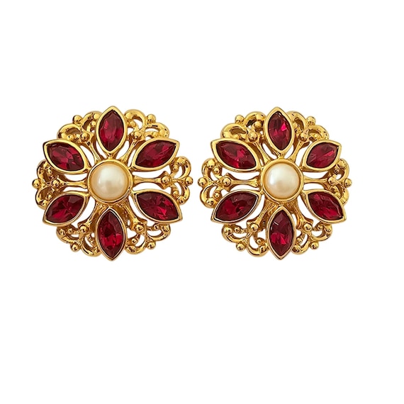 Avon Red Rhinestone Clip-On Faux Pearl Round Flower Earrings Signed, J310